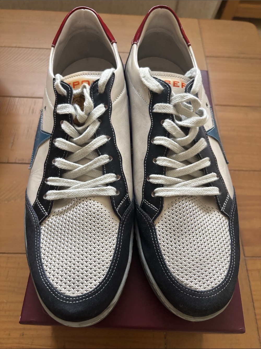 Sepol Men's Casual Lace-Up Sneakers in White, Navy & Red